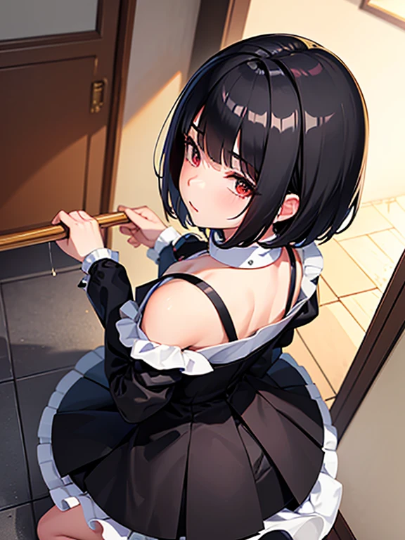(masterpiece, highest quality, highest quality, Official Art, Cosmetology and aesthetics: 1.2), Bobcut, Black Hair,Short skirt maid outfit, Crossdresser,Cute, delicate and short, all fours, cleaning,from above, from behind,Luxury House,corridor