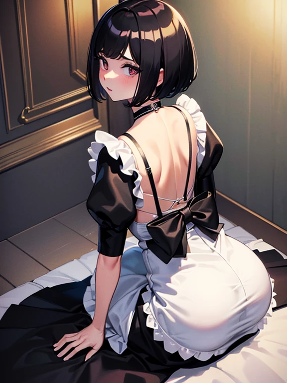 (masterpiece, highest quality, highest quality, Official Art, Cosmetology and aesthetics: 1.2), Bobcut, Black Hair,Short skirt maid outfit, Crossdresser,Cute, delicate and short, all fours, cleaning,from above, from behind,Luxury House,corridor