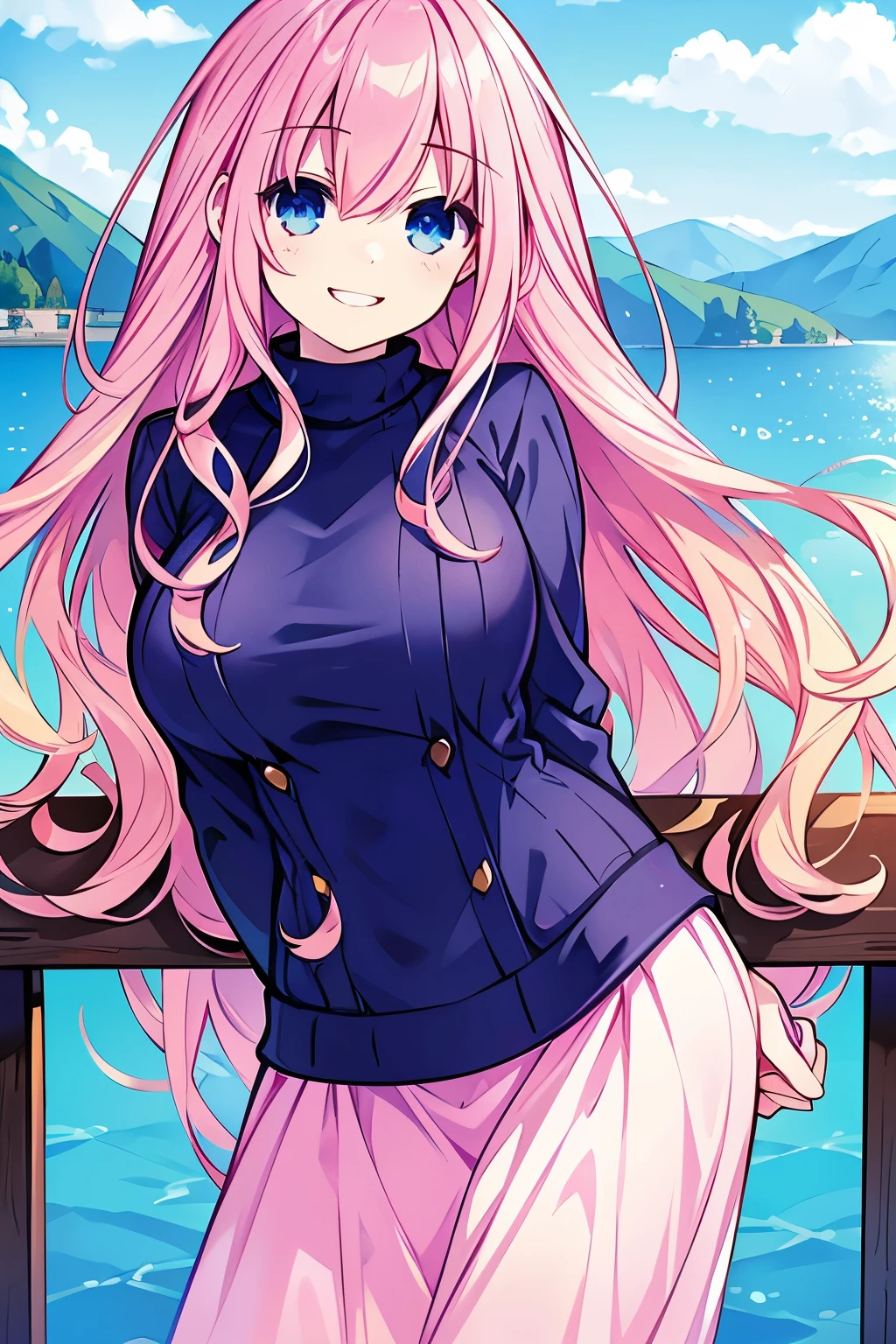 Masterpiece, best quality, 1girl, finely detailed, pink hair, long wavy hair, blue eyes, sweet, cute, smiling eyes, happy, big grin clothes: sweater with a loose jacket and skirt, voluptuous body, outdoors with a camera