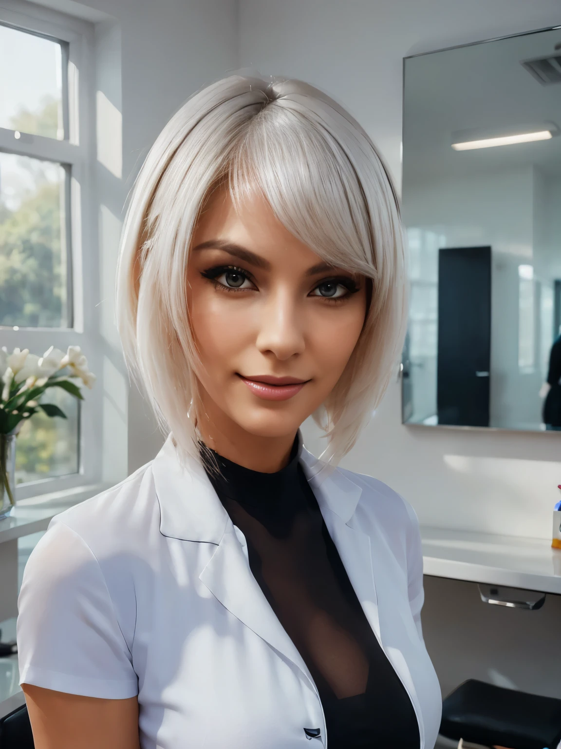 Best Quality, photorealestic, Ultra-detailed, finely detail, hight resolution, 8k wall paper, Professional, (Attractive 30 year old woman hairdresser), Elegant and stylish white hair, hair light, wears black jeans and a black T-shirt, smiles naturally), natural lighting, On White Background
