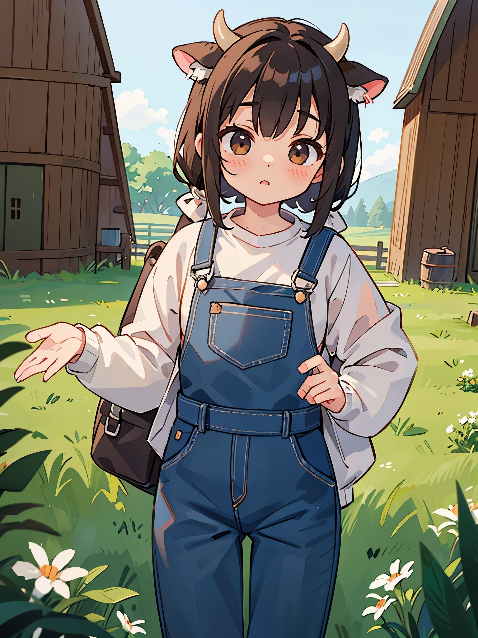 anime 、Holstein cow girl、Wear overalls on bare skin、Farm barn、milking、Cow horn、Earlobe Tags、worship、change、Fusion