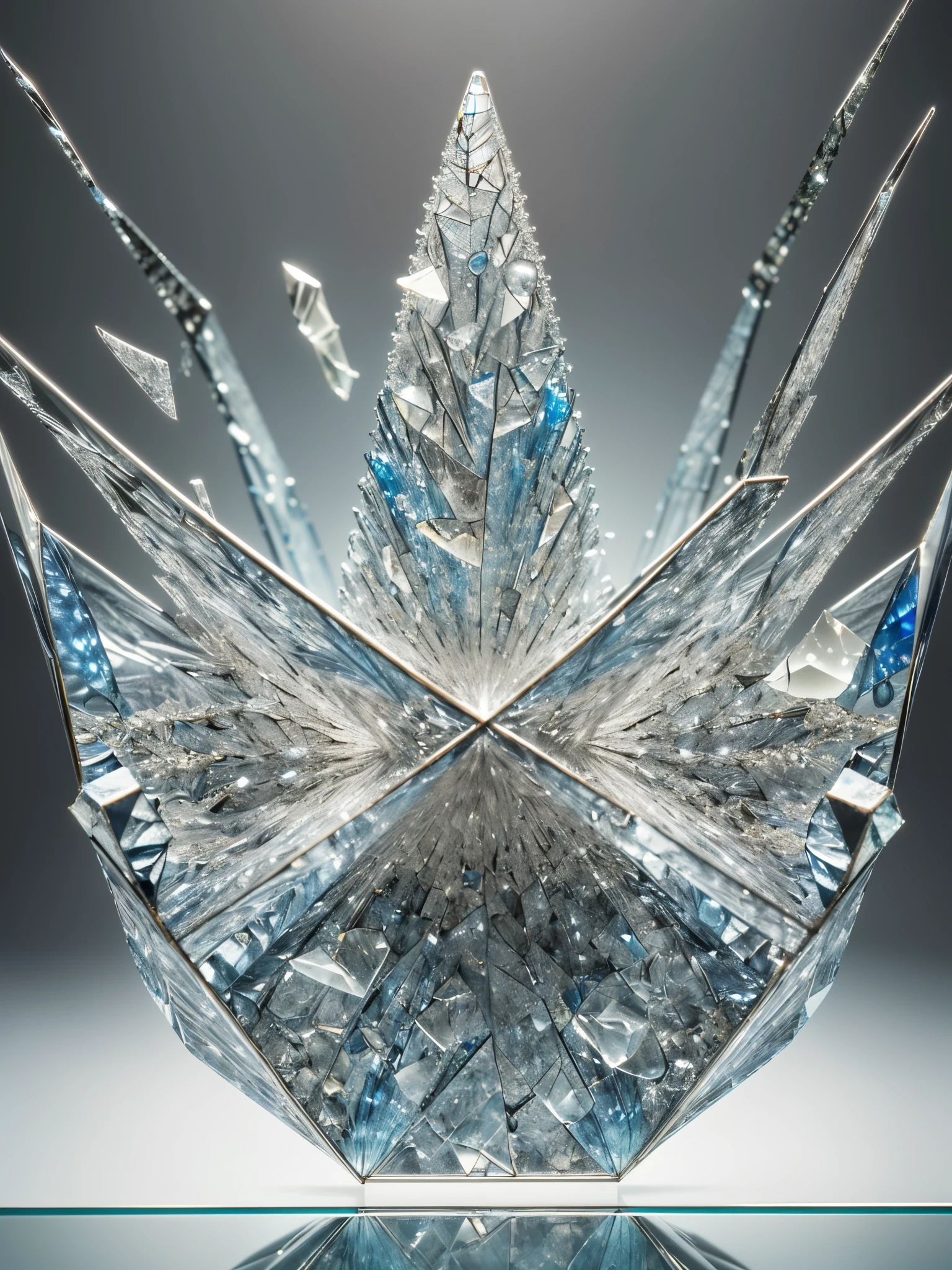 (shattered fractal crystal glass in museum display:1.3), BREAK, (super intricate details fractal glass art:1.3), glassware, 3d digital art, (realistic:1.3), (glass fragment:1.3), deconstructive, installation art, geometric art, sharp focus, ((Fresh background, soft light effect: 1.2)), Commercial photograph, elegant color profile, 
