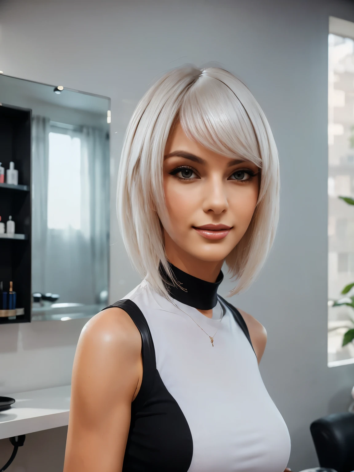 Best Quality, photorealestic, Ultra-detailed, finely detail, hight resolution, 8k wall paper, Professional, (Attractive 30 year old woman hairdresser), Elegant and stylish white hair, hair light, wears black jeans and a black T-shirt, smiles naturally), natural lighting, On White Background