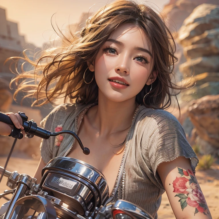 Riding a Harley Bike、Running in the desert、Hair flows、 ((highest quality、masterpiece、8k、best image quality、ultra high resolution、Award-winning work)、(close-up of woman&#39;s face:1.35)、(close-up of naked face:1.3)、(accurate anatomy:1.1)、(look at me and smile:1.1)、Shining fair skin with ultra high resolution、most detailed face、ultra high resolution detailed face、ultra high resolutionの髪の毛、(ultra high resolutionの煌めく瞳:1.1)、Beautiful face drawn in every detail、(blurred background:1.1)、