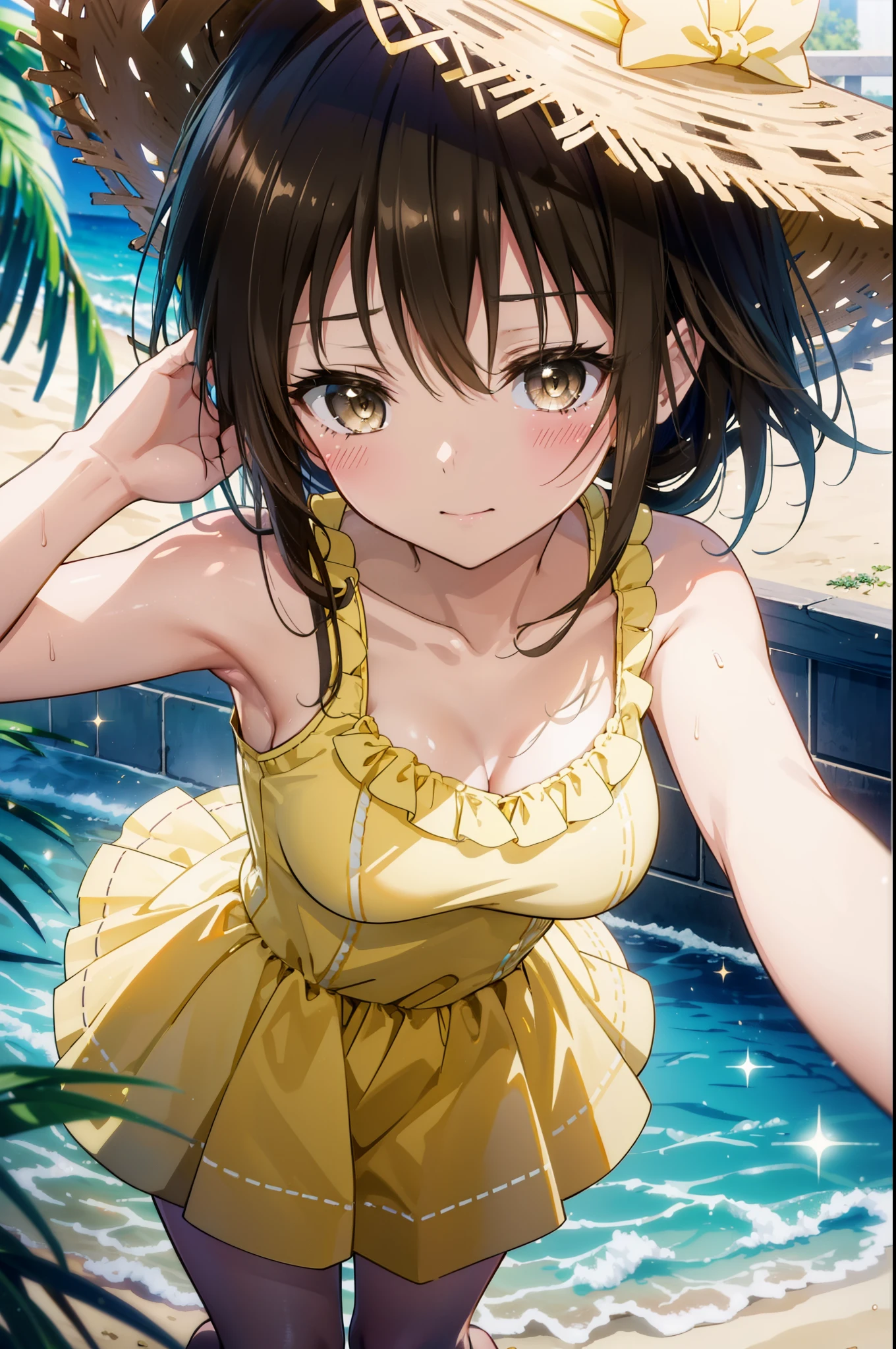 yuikotegawa, Yui Kotegawa, Black Hair, (Brown eyes:1.5), Long Hair,happy smile, smile, Open your mouth,blush,Big Breasts,Big straw hat,Off-the-shoulder sleeveless yellow dress,bare clavicle,Bare neck,Bare arms,Bare shoulders,long yellow skirt,barefoot,Daytime,Clear skies,Palm tree,Sandy Beachを散歩している,whole bodyがイラストに入るように,
break outdoors, Beach,Sandy Beach,
break looking at viewer, whole body,
break (masterpiece:1.2), highest quality, High resolution, unity 8k wallpaper, (figure:0.8), (Beautiful fine details:1.6), Highly detailed face, Perfect lighting, Highly detailed CG, (Perfect hands, Perfect Anatomy),
