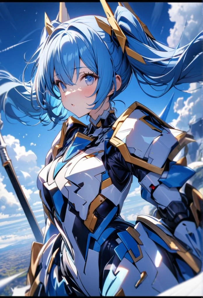 High quality, high definition, hig
h precision images,8k 1 Girl Robot Girl、Blue hair,Twin tails,blue eyes(,Flying in the sky),
、With a White and blue, spear,Blue and white clothing,He's wearing flashy robot armor.Full-body view

