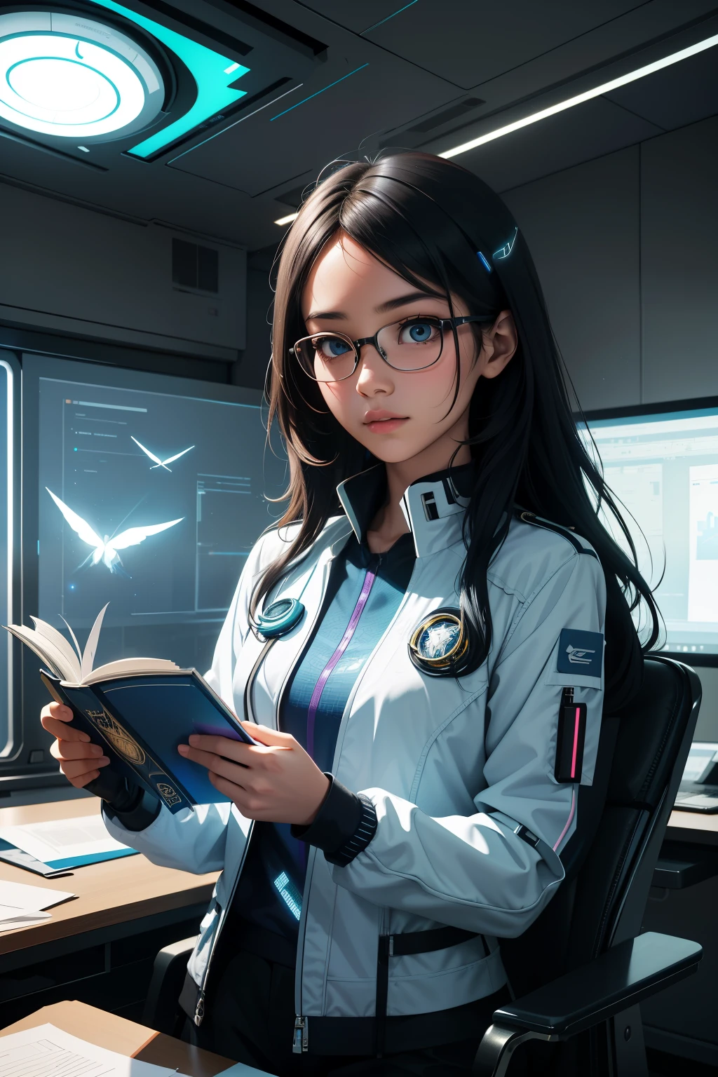 In the surreal and futuristic world of the year 2100, an Asian student is depicted in intricate detail, engaged in the study of holography. With a focused expression, she holds a collection of virtual books, their pages shimmering with digital information. The classroom setting, a blend of science fiction elements, is adorned with holographic displays and cutting-edge technology. The student's attire is modern and sleek, fitting the futuristic ambiance. Long, wavy hair frames her face as she dives deeper into her studies, her eyes glowing with determination and intelligence. Surrounding her are vibrant holographic images, represented in high