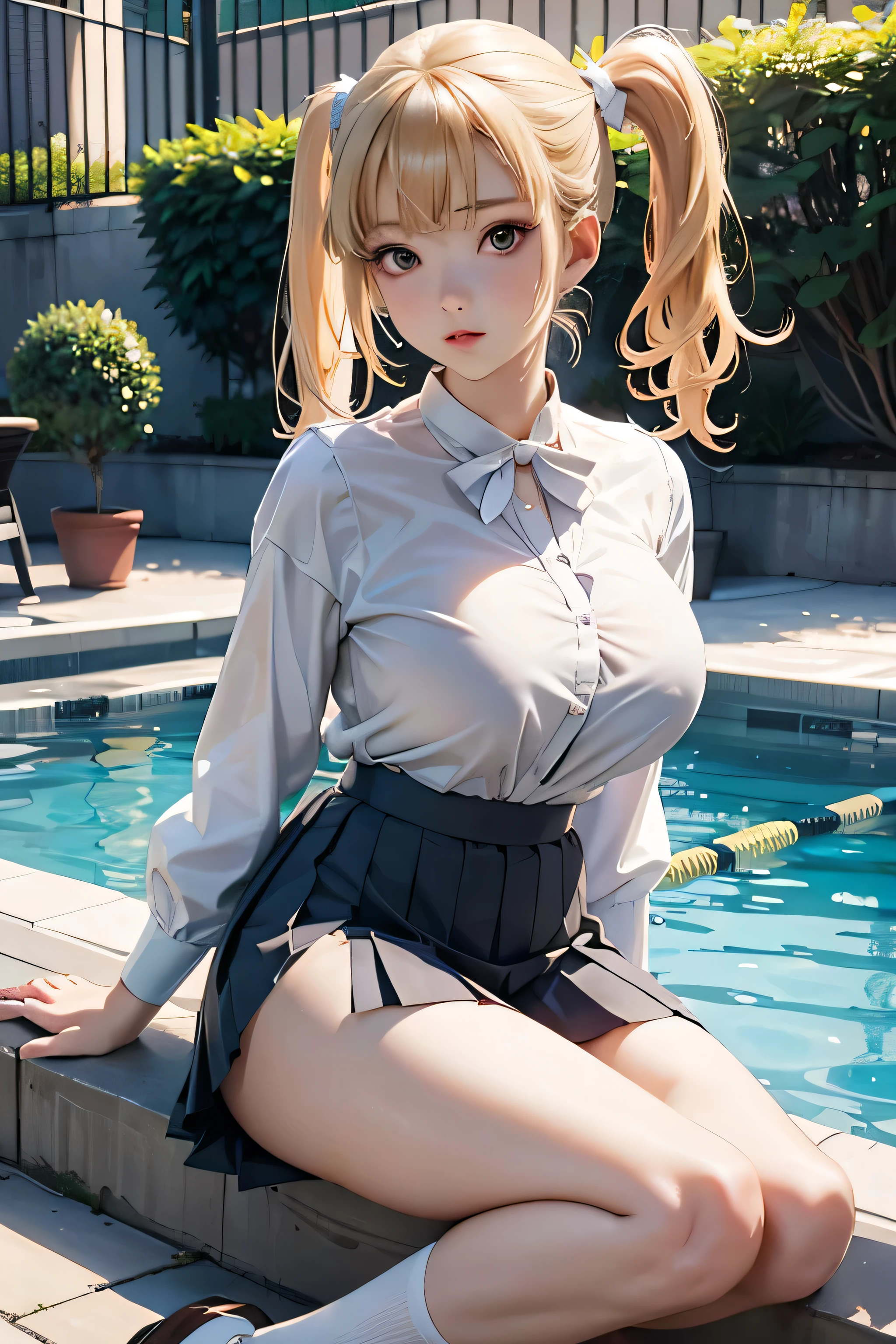 kitagawa marin,pigtails,neat blouse,white blouse,tight blouse,button the blouse,do not show breast,in the pool,pleated skirt,short skirt,high school girl,18 years old,blonde hair,long hair,(large breast:1.8),((masterpiece)), (detailed),reflective skin,white socks,loafers,spread legs,raise up legs