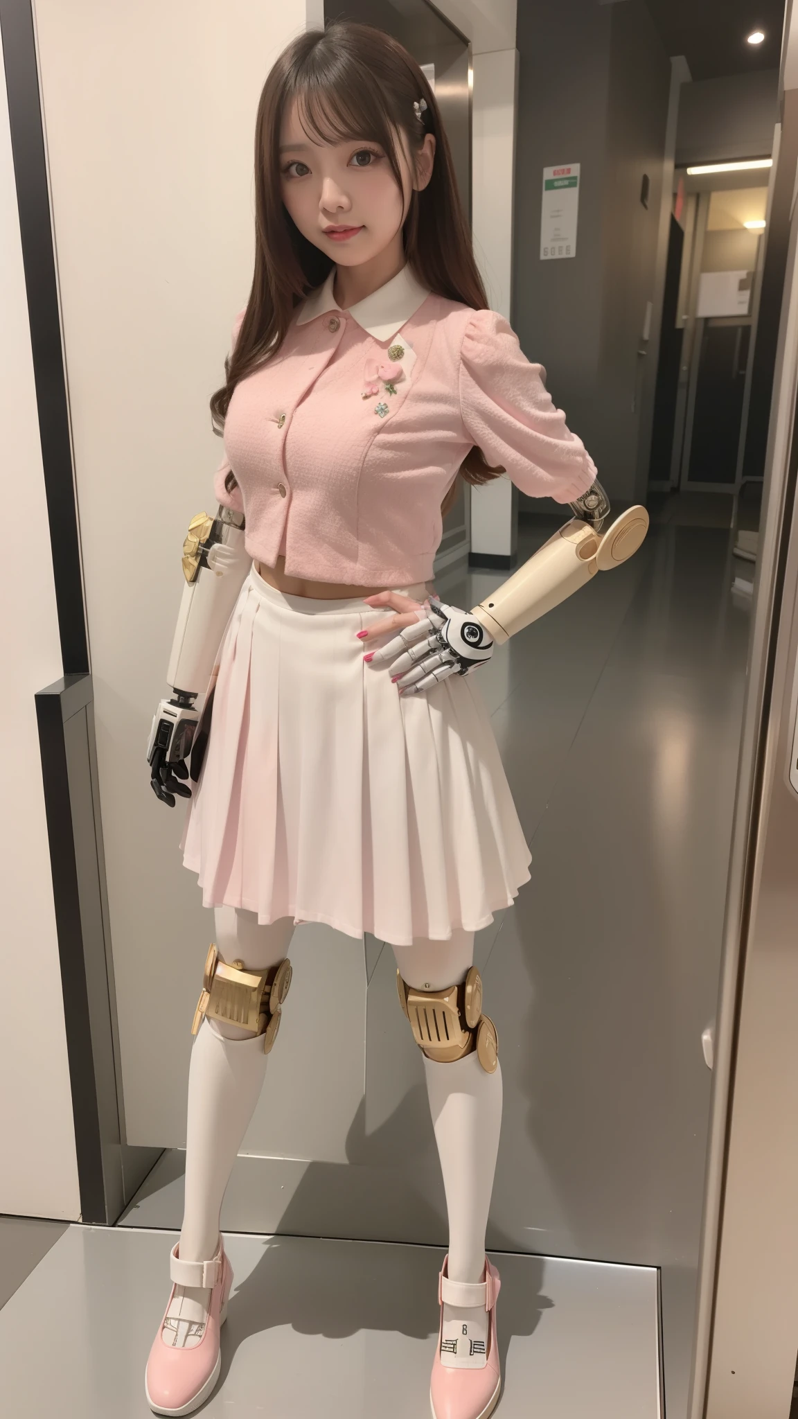 Costume like a idol, Pink and white half sleeve Jacket, White and pink pleated skirt, robot
