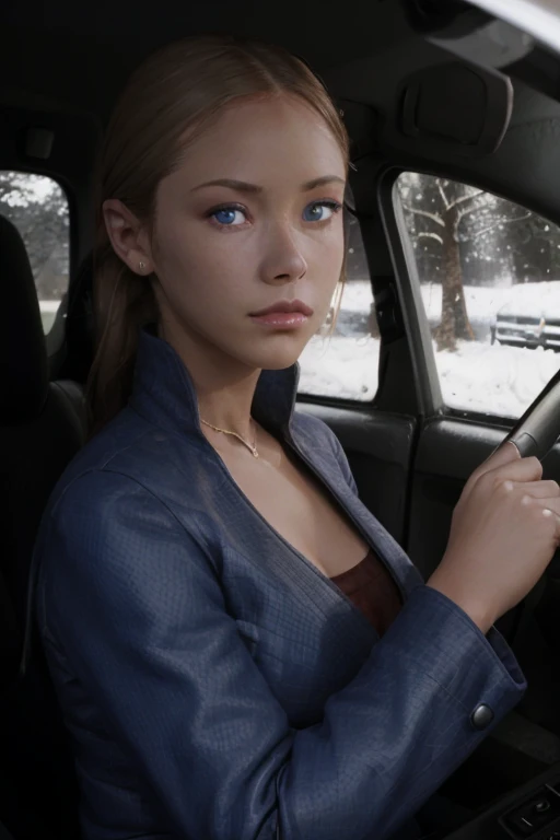 T3RMKL0K, a woman in her car, driving, blue eyed,