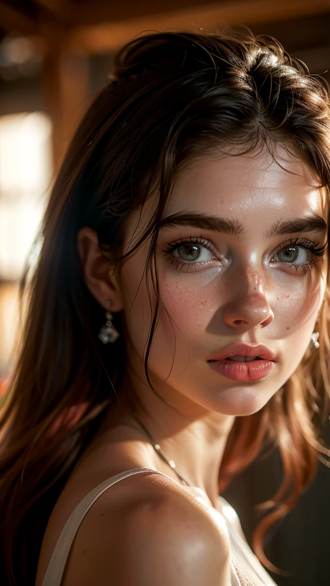 (((ultra realistic))) foto, obra de arte, Maximum quality, (Pale skin), (Rosto e olhos ultra detalhados:1.3), 1 garota, em uma camiseta, (maquiagem dos olhos, mascara) , ((Detailed big lips)), ((cabelo ondulado rosa)), ((Chyolka)) , (seios naturais), cintura fina. ((posando)), photoshoot, studio (soft lighting), (O jogo de luz e sombras), profundidade de campo, Bokeh, (special attention to skin details: 1.2), Textura de couro detalhada, poros da pele. (Atmosfera arejada do quadro. Gama de cores - delicada, brilhante, branco, Tons rosa), DR, ((film grain)), ((raios)), ((brilho do sol)), ((retrato da cintura para cima, close to the camera)) , ultra detalhado,