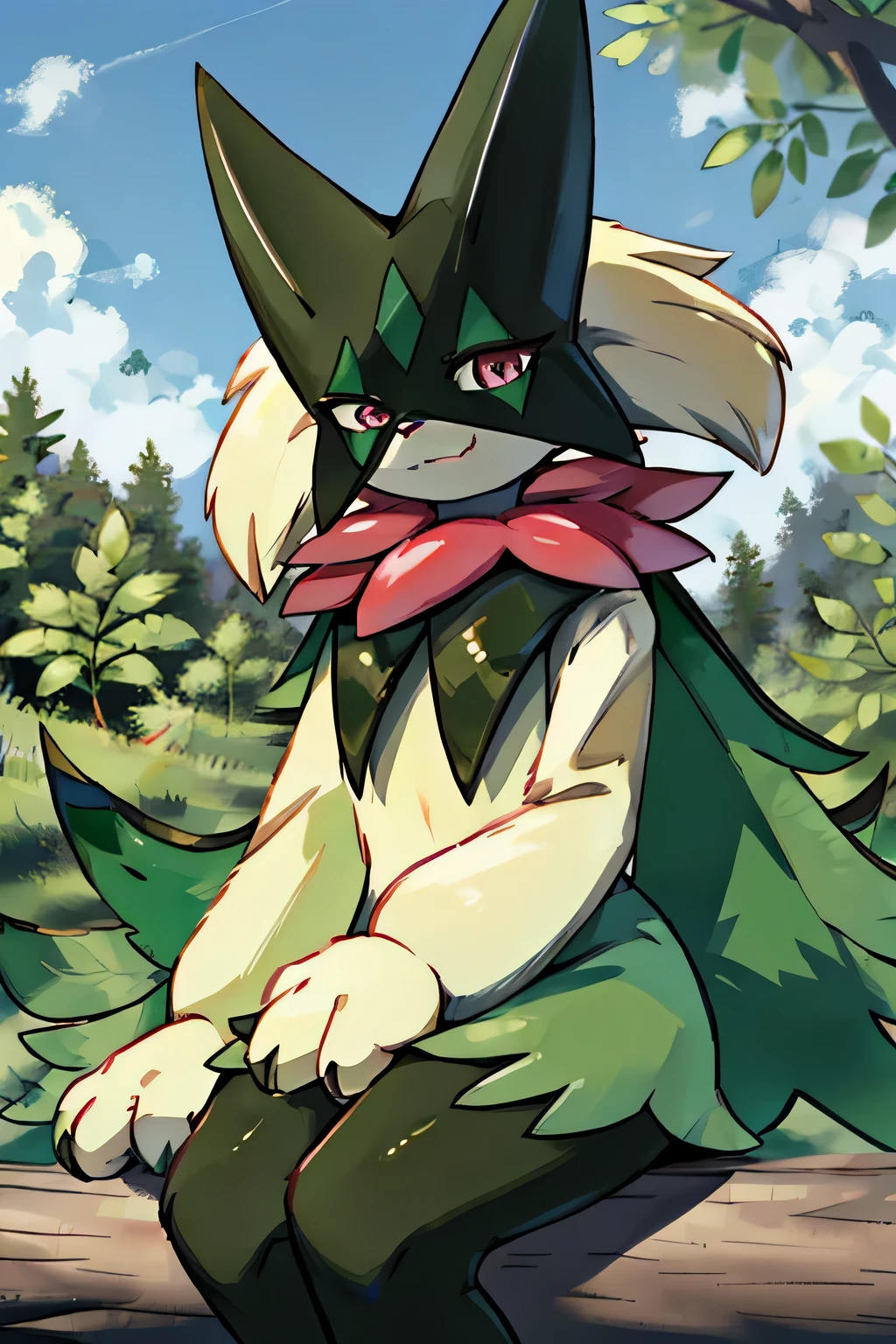 Masterpiece, Medium full shot Portrait, The best quality, the highest picture quality, Detailed, Meowscarada, Pokémon, short snout, detailed eyes, tree bushes background, day, female, solo, sarcastic smile, sitting on a log with leaves, looking down