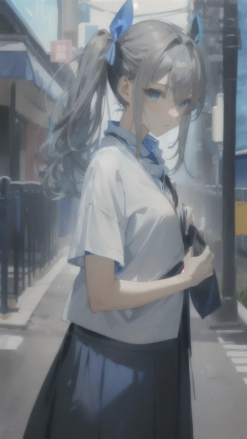 blue glowing、(((Black blue glowing eyes )))、((((Dark blue )))) 、((((Blue poi silver hair))))、(((Two Side Up Hair)))、(((Casual clothes)))、((((Casual maxi skirt))))、(Pachinko parlor in the background)