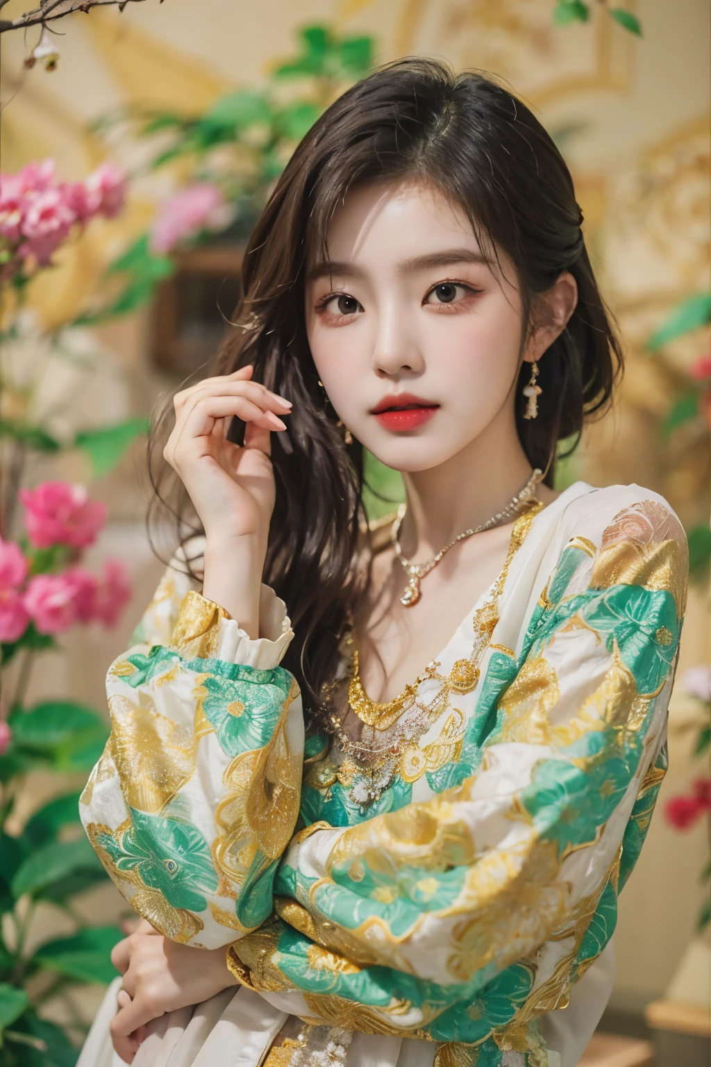 Portrait of a Korean woman with a dreamy background, (Highly detailed facial expressions), Fashionable Korean women,