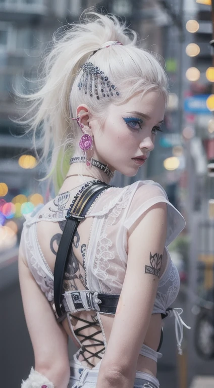The prompts for the first theme are as follows:
"(Best Quality, 8K, 32K, masutepiece:1.3), Ultra-detailed, (Photorealistic:1.4), white colors, albino, Punk Girl, Detailed eyes, Upper body, Luxurious punk hair, Edgy punk fashion, Avant-garde makeup, Numerous piercings, Heavily tattooed body, Street background, Backlight effect, Shallow depth of field, Blurry background"