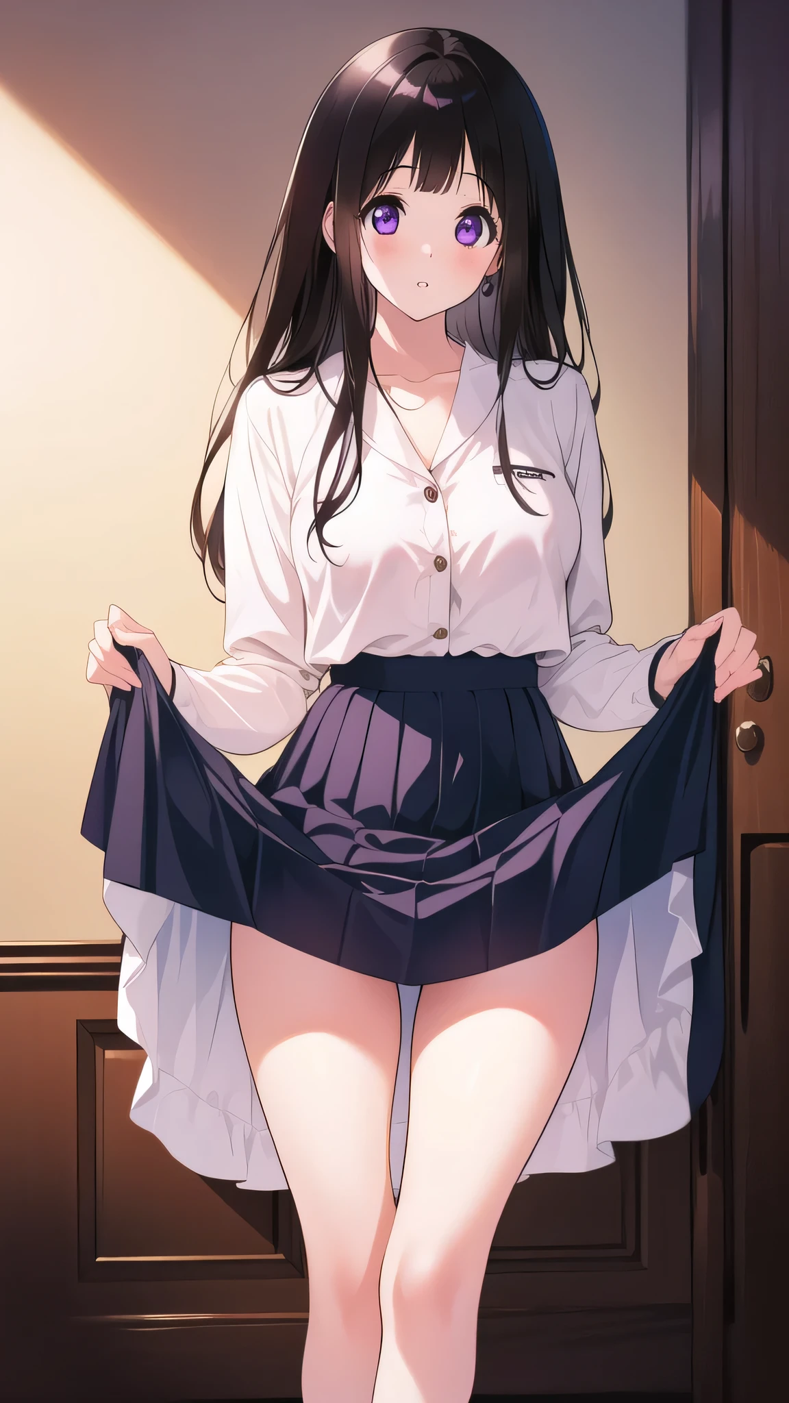 Amazing Chitanda, There is only one beautiful girl，Purple Eyes, Black Hair, Very red face，White skin，Skin Reflection，Naturally straight hair, Straight bangs，Extremely refined，Open lips，Long flowing hair，Beautiful Girl, Like a dream，Slim，Soft, (Sensual), (Kawaii), Dream quality，Uniforms，Skirt lift，Transparent clothes，no pants，Showing breasts，Show your thighs，Showing collarbone，Show your neck，extremely shy，Ultra-high resolution, (masterpiece:1.2, best quality), (Delicate and beautiful eyes: 1.2), (Beautiful and delicate face)