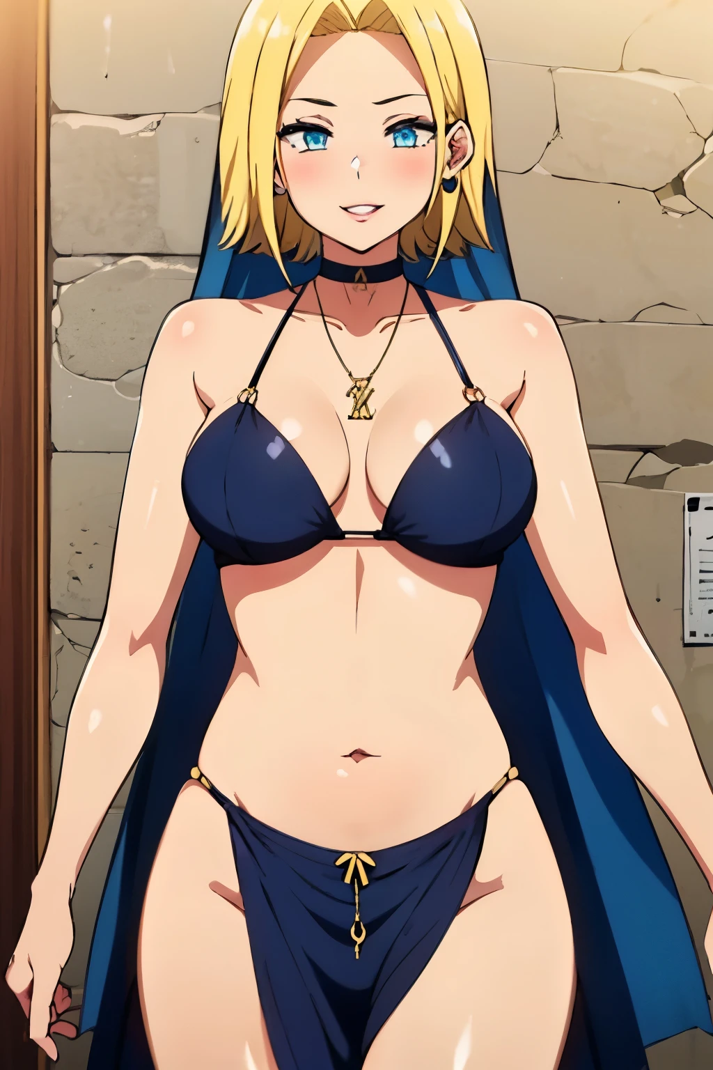 jewelry, blonde hair, blue eyes,short hair, 1 girl, 20yo,Young female,Beautiful Finger,Beautiful long legs,Beautiful body,Beautiful Nose,Beautiful character design, perfect eyes, perfect face,expressive eyes, looking at viewer, blush, lipstick, masterpiece, best quality, highly detailed ,glint,halterneck,gold_choker, complex detailed background,
inside, stone wall, ancient interior, ancient egyptian room, hieroglyphs, dark lighting, dark
atmosphere, (cowboy shot), holding a sword, sword, belly_chain,harem_outfit,navel, necklace,
pelvic_curtain,revealing_clothes, veil,masterpiece,best quality,1girl,,evil smile, smile,
female,matureace,pendant, exposed belly, exposed navel, exposed
midriff, exposed lower belly,