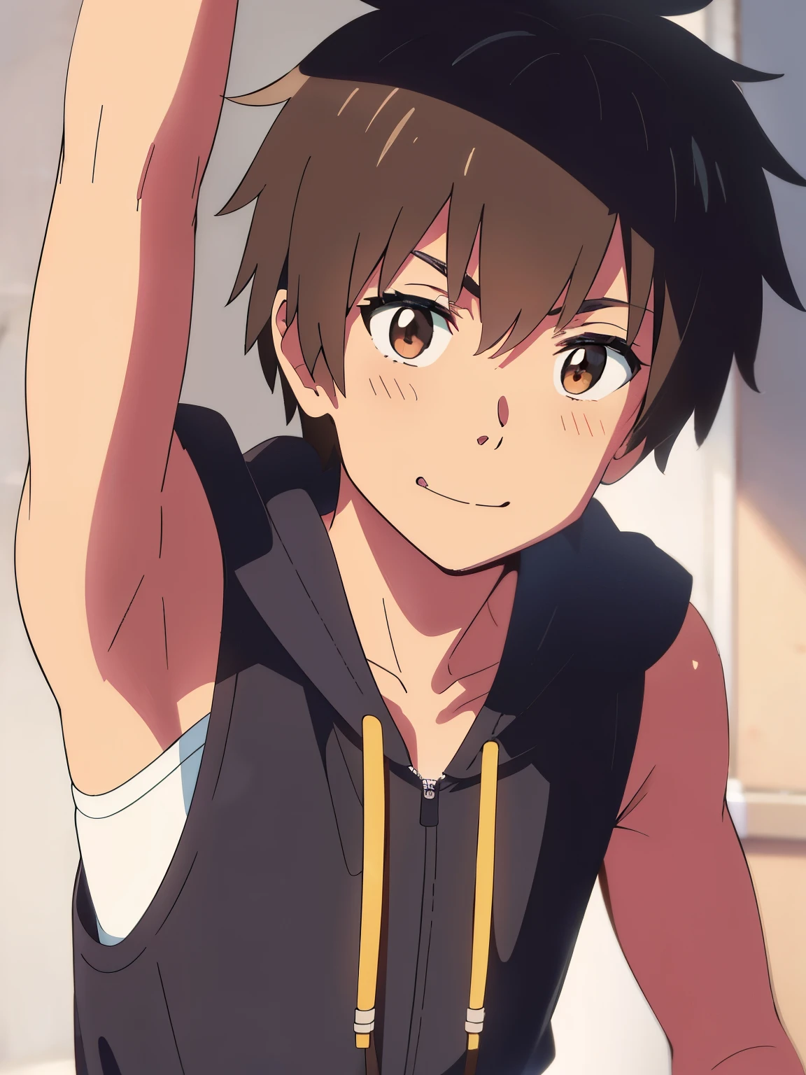 Ultra sharp, masterpiece, best quality, shinkai makoto, kimi no na wa, 1boy, Boy, Shota, brown hair, Taki, Sleeveless hoodie, Bare shoulder, blush, (Showing armpit:1.3), smile, cute, open mouth, adorable, looking at the viewer, Torso image, sweat, Simple beckground