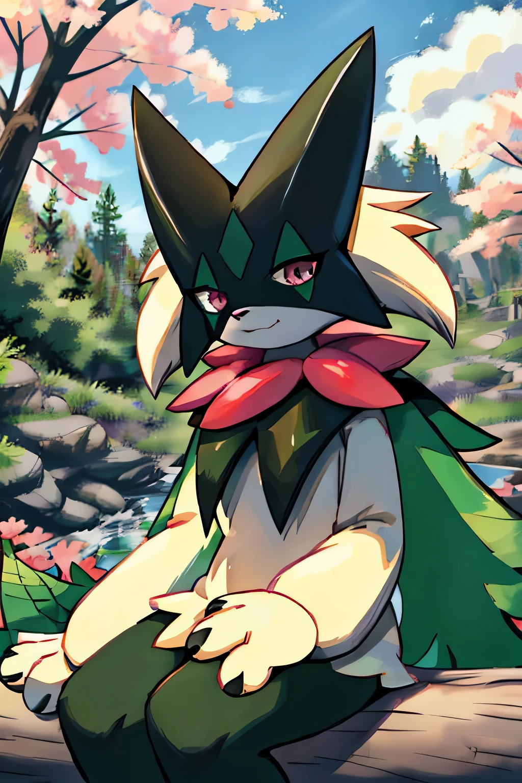 Masterpiece, Medium full shot Portrait, The best quality, the highest picture quality, Detailed, Meowscarada, Pokémon, short snout, detailed eyes, tree bushes background, day, female, solo, sarcastic smile, sitting on a log with leaves, looking down