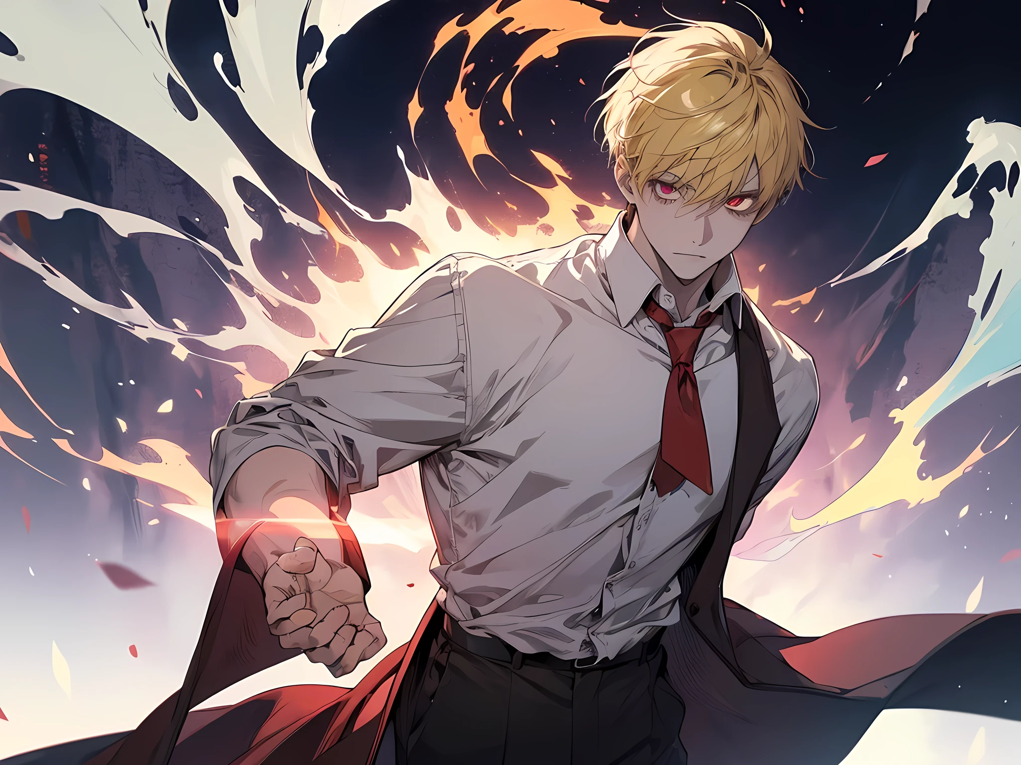 (1 boy) yellow short hair, red eyes, wearing white shirt, his hands is made out of iron and have fire on it, demon lord aura, colorful glowing aura in the air, the background is on night school, glowing colorful aura covering his body,detailed eyes, eyes extremely detailed, half-body:0.6

