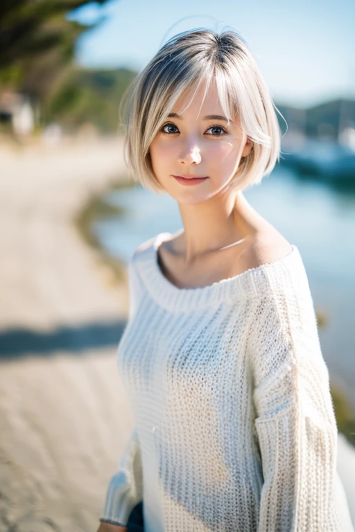 1girl, best quality, realistic, solo, depth of field, natural lighting, daytime, alluring, beautiful face, clean, pure face, pale skin, cute, short hair, beach, sunshine,flat chest, tiny breast, full body, ((sweater,beautfully face)), silver hair, white shorthair