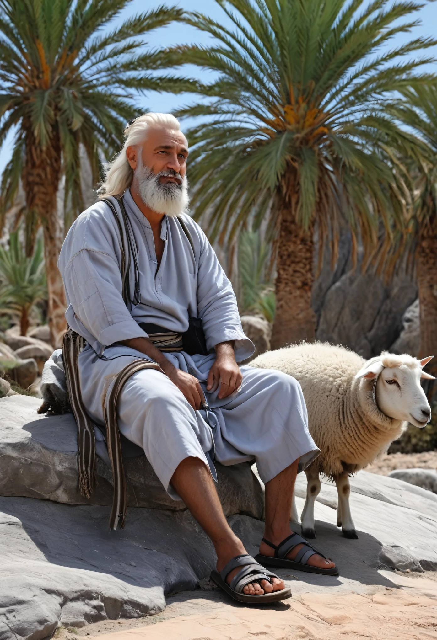 sheep shepherd, sitting on the gray rock, in the desert, next to palm trees, together with the big and small sheep, shepherd with beard and white hair., UHD, super detail, high details, high quality, best quality, with sandals on his feet, 8k image, wooden staff in his left hand.
