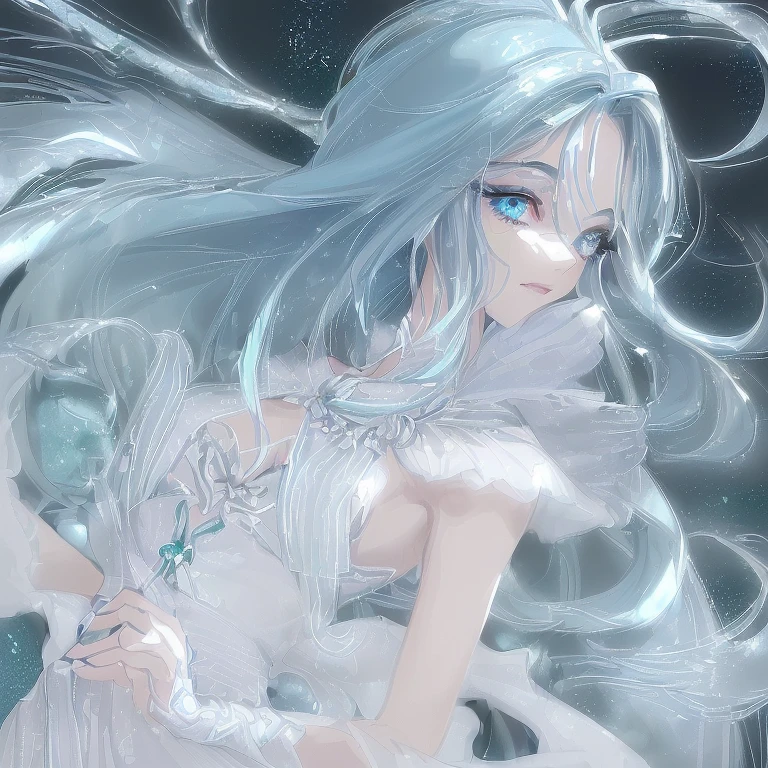 (mulher magra), (seios pequenos), (albina), (heterocromia), (vestido azul escuro com glitter comprido), (cabelo branco), (cabelo algurandos quadris), (olho esquerdo castanho), (olho direito azul)