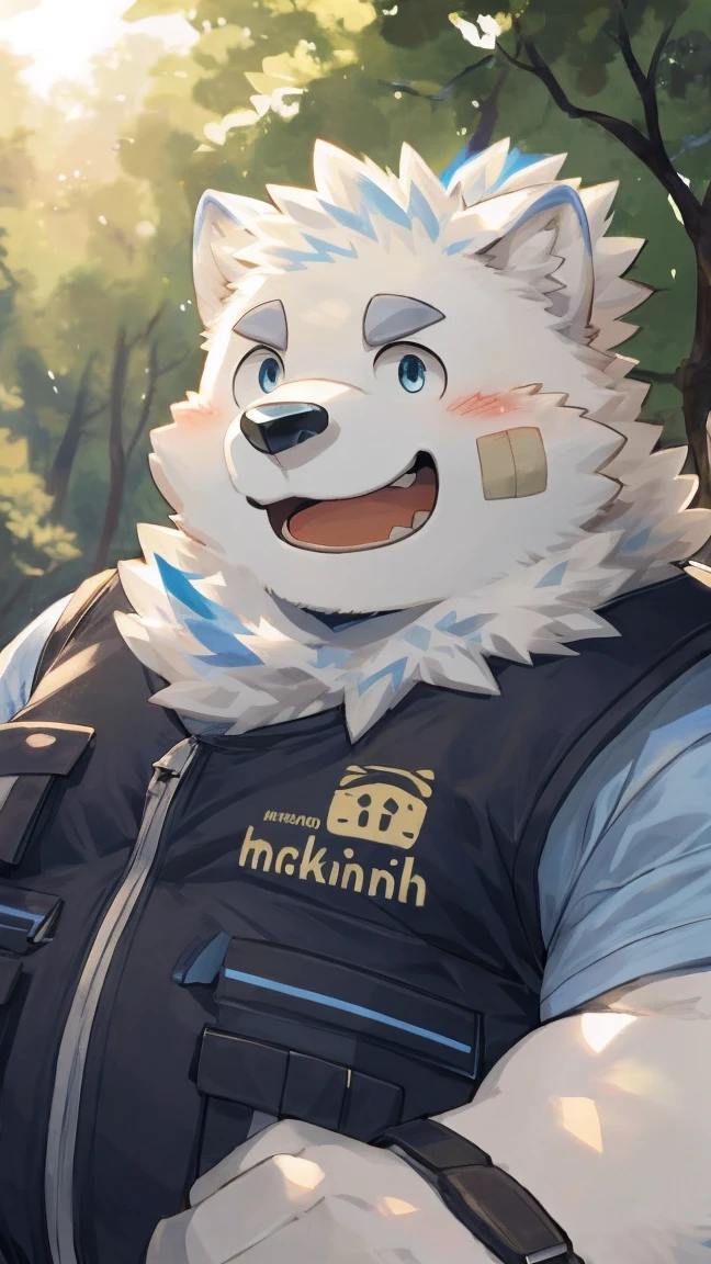 ，Yo Hack, Solitary, canine, mammal, White body, White fur,（ Light blue eyes）, band-aid, Vest, shirt, Smile, Beep, Solid, (bust:1.2), From milkytiger1145,（Dog Orc：，：Light blue sportswear，Sweatpants and sneakers)，Bokeh，(high quality，high resolution，masterpiece)，(Dynamic Lighting，Bright colors)，（Pleasure，A happy expression on his face，Cool pose，blush，Like a couple，(Face Focus)，Full body view(Close-up of face，Front view，full-body shot，Long-range shooting，Above the feet)，comics，author:Takemoto Arashi，You Zixiong，By Chunni，By Konggui，（background：forest1.5）Trees，Sunlight，tent，Creek，river，