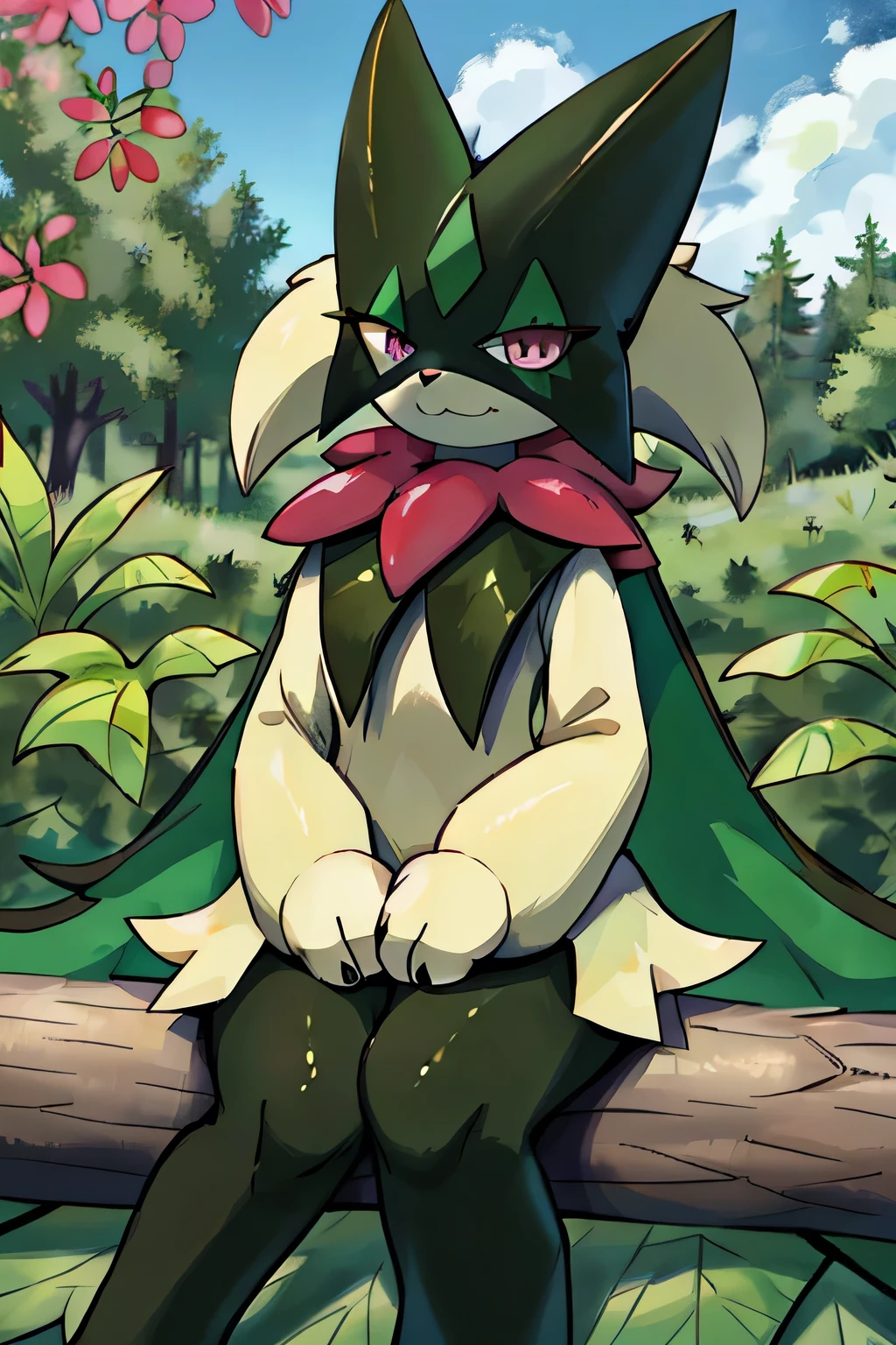 Masterpiece, Medium full shot Portrait, The best quality, the highest picture quality, Detailed, Meowscarada, Pokémon, short snout, detailed eyes, tree bushes background, day, female, solo, sarcastic smile, sitting on a log with leaves, looking down