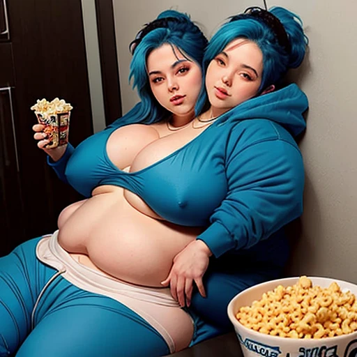 Beautiful two headed excessively fat Italian American girl with blue hair laying on her stomach and breasts in form fitting sweatpants and a hoodie. She’s embarrassed that she accidentally shit her pants She has snacks and popcorn that she is eating with only one of her two heads