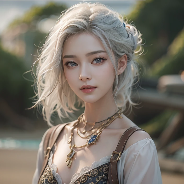 (masterpiece:1.3), (8k, Photorealistic, Raw photo, Best image quality: 1.4), Fair-skinned fairy woman、Long Haircut、Cleavage:2.0、Super detailed face、Attention to detail、double eyelid、Put your chest together、Sharp focus:1.2、Beautiful woman:1.4、Silvery white hair、highest quality、masterpiece、超A high resolution、(Photorealistic:1.4)、Highly detailed and professionally lit smile、Loose, light, steampunk、Shoulder out、thin、Serious expression、Short-haired、Deadly position, one person、whole body,walking the beach、Gorgeous necklace、
