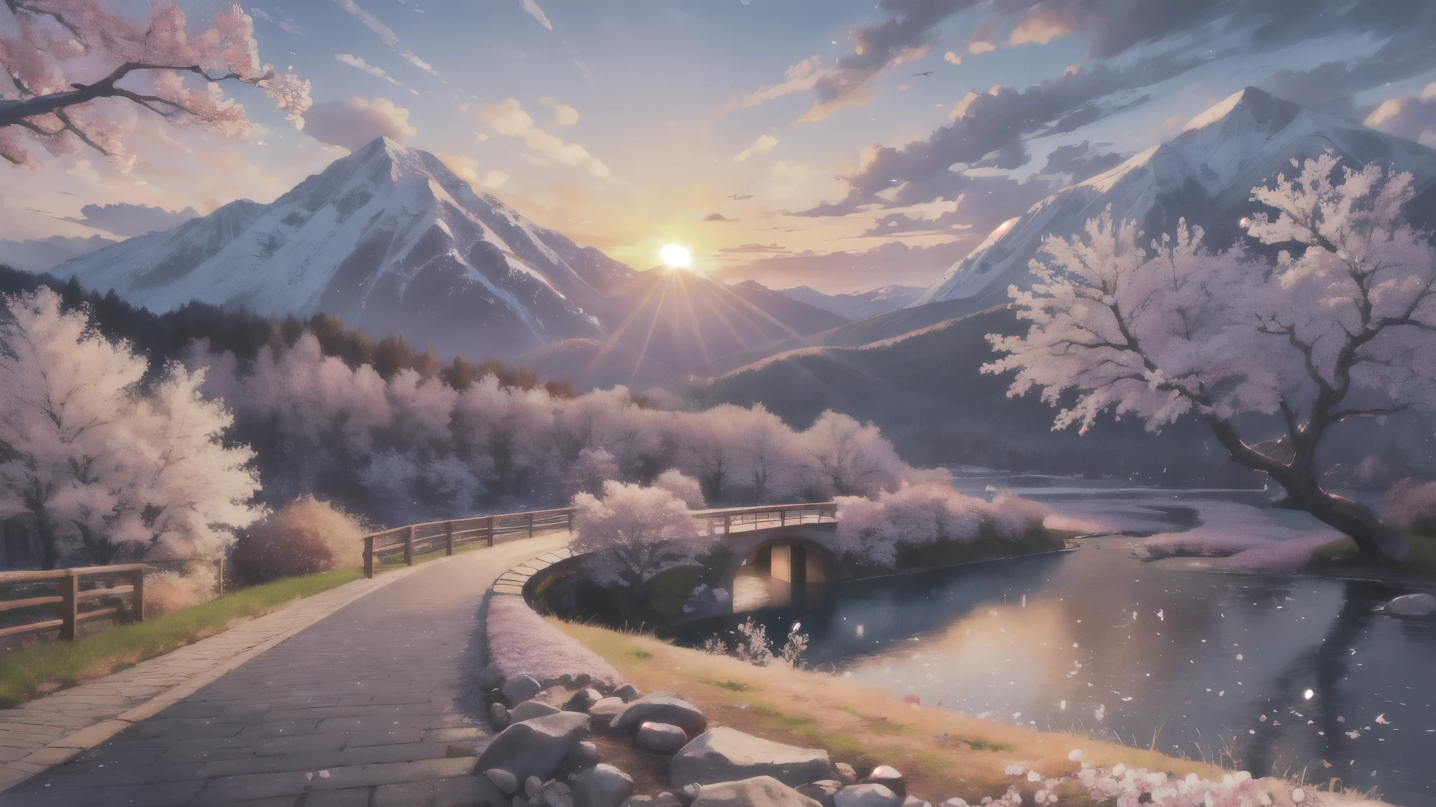 (masterpiece, highest quality:1.2), Super detailed, Cinema Lighting, High resolution, An illustration, landscape, sunrise, Cherry Blossom, impressive, Chill, Inspiration,