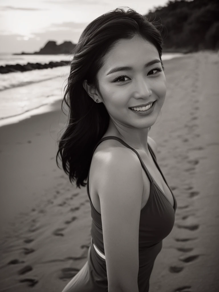 ((Top Quality)), ((8K)), ((Masterpiece: 1.3)), (Perfect Appearance), (Photorealism: 1.6), (grayscale: 1.6), (Japanese woman walking on the beach with the sunset in the background: 1.4), (sandy beach at sunset), (The sea dyed red by the sunset), (The setting sun is dazzling), (Backlit), (Mont Saint Michel can be seen in the background: 1.2), japanese woman, (48 years old), (back view), ((Standing upright, facing forward, center of screen)), ((Realistic skin texture)), (Fine wrinkles throughout the skin), (Dull skin), (Skin without moisture) , (Wrinkles on the face), (Wrinkles on the corners of the eyes), Double eyelids, tear bags on the lower eyelids, The eyes are looking here, serious gaze, smile with the corners of the mouth raised wide, straight medium length, hair fluttering in the wind, (Only the lips are red color: 1.4), (face close-up: 1.3), Angle from feet: 1.2,
