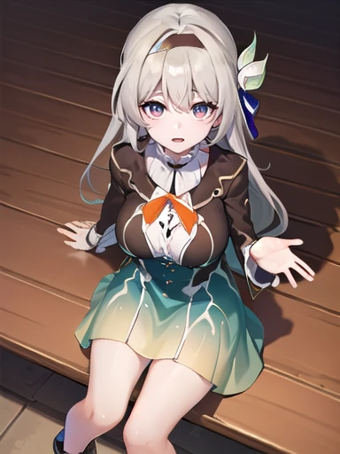 (masterpiece:1.3),((High resolution)),((high quality)),((Super detailed))、One girl、((可愛いsmile))、Perfect balance、Perfect Face、Detailed face、Cute face、Beautiful detailed eyes、Expressive eyes、Cute eyes、Shiny eyes、Perfect body、Beautiful body、honkai firefly, fire Fly, (Purple eyes:1.3), Grey Hair, 蝶のhair ornaments, hair ornaments, Hair intake, Long Hair, (Bright Eyes:1.5),  shoes下, 青色のdress, 青色のshoes下,((Large Breasts)) ((Orange ribbon:1.5))、dress, shoes, shoes下, ツートーンdress, ツートーンshoes下, ホワイトdress, Long sleeve, hair band, 外でrest, 視聴者を見ながらrest, (Cowboy Shot:1.5), smile, rest, (masterpiece:1.2), 最high quality, High resolution, Unity ,8k ,wallpaper, (shape:0.8), (美しいfine grain:1.6), 非常にDetailed face, Perfect lighting, Extremely detailed CG, (Perfect hands, Perfect Anatomy), rest 、((masterpiece,最high quality)), Very detailed, Shine, Shine光, Ray Tracing, (Perfect Face, Detailed face, fine grain, Perfect hands, Perfect Fingers:1.5), High resolution, とってもCute face, 最high quality, Very detailed, Shine目, (最high qualityの写実的なイラスト), (Super quality), (Cute illustrations:1.3), (High chroma:1.3),, Beautiful and exquisite face and eyes, Dynamic Lighting, (Very delicate and beautiful), (Nice hands), (Perfect hands:1.4), Very detailedなイラスト, Very cute and beautiful, 最high quality, thin ,Baby Face,Flower Field、Sitting、From above
