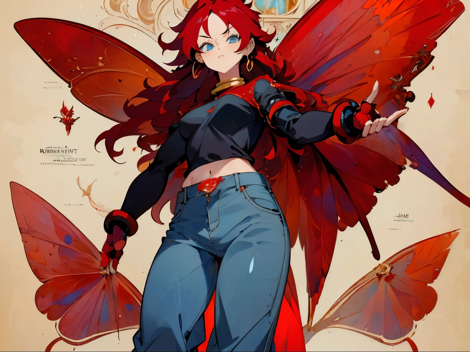 (((Good Quality))), (((High quality))), Blue Eyes, Red Hair, Long hair to the waist, Black Baggy Jeans, Style Dragon Ball, Red Skin, Robotic Body, Robotic Skin, Red Body, Butterfly wings, Butterfly wings behind the back, Red butterfly wings