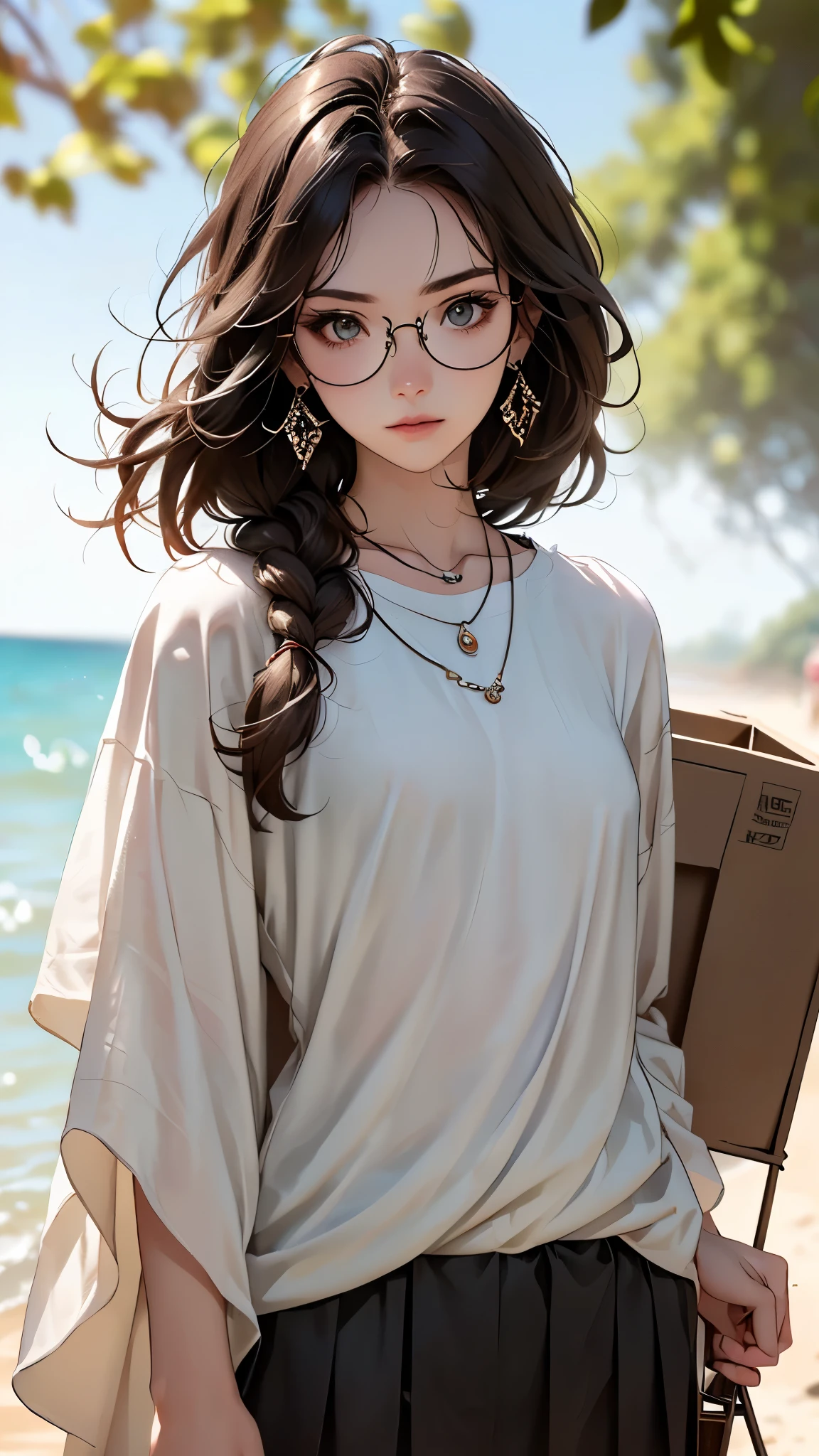 ((Biologically correct limb count))、((Full Body Shot, Full-body photo including face))、4K、masterpiece、((Focus on the face))、((Symmetrical facial features))、Eyes of meticulous depiction、Beautiful woman、Excellent style、Beautiful feet、(High heels)、Facial detailing、Small earrings、necklace、((Close-up photo of the upper body))、(Upper body T-shirt、Box Pleated Cart)、Strong sunlight、Scene of walking on the beach、Holding down your hair、Wearing glasses