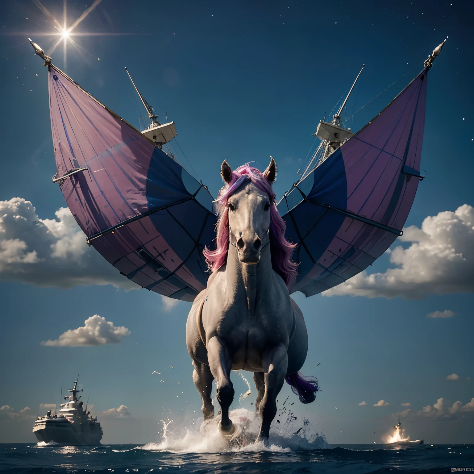 Create an image of unicorns together with a group of aliens who fight against another race of aliens who want to capture the unicorns and two ships escaping from the war