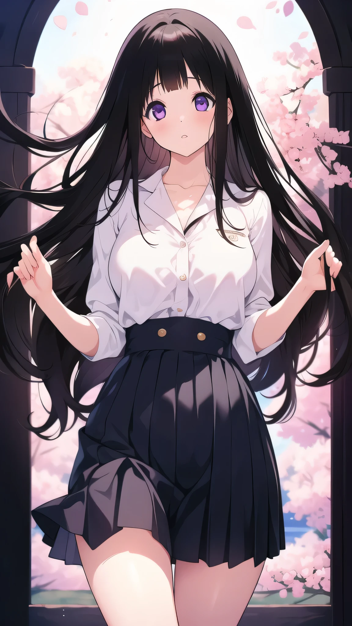 Amazing Chitanda, There is only one beautiful girl，Purple Eyes, Black Hair, Very red face，White skin，Skin Reflection，Naturally straight hair, Straight bangs，Extremely refined，Open lips，Long flowing hair，Beautiful Girl, Like a dream，Slim，Soft, (Sensual), (Kawaii), Dream quality，Uniforms，Skirt lift，Transparent clothes，no pants，Showing breasts，Show your thighs，Showing collarbone，Show your neck，extremely shy，Ultra-high resolution, (masterpiece:1.2, best quality), (Delicate and beautiful eyes: 1.2), (Beautiful and delicate face)