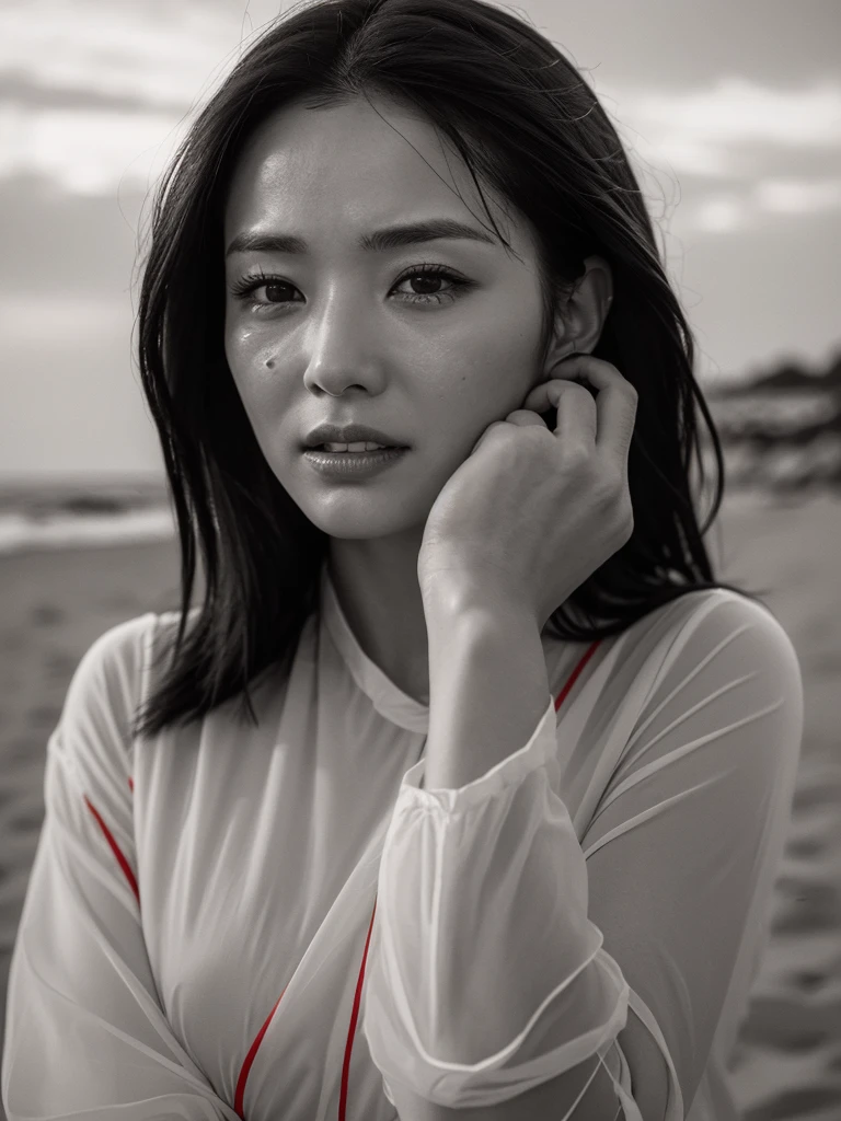 ((Top Quality)), ((8K)), ((Masterpiece: 1.3)), (Perfect Appearance), (Photorealism: 1.6), (grayscale: 1.6), (Japanese woman walking on the beach with the sunset in the background: 1.4), (sandy beach at sunset), (The sea dyed red by the sunset), (The setting sun is dazzling), (Backlit), (Mont Saint Michel can be seen in the background: 1.2), japanese woman, (48 years old), (back view), ((Standing upright, facing forward, center of screen)), ((Realistic skin texture)), (Fine wrinkles throughout the skin), (Dull skin), (Skin without moisture) , (Wrinkles on the face), (Wrinkles on the corners of the eyes), Double eyelids, tear bags on the lower eyelids, (Crying moles), The eyes are looking here, serious gaze, (Dimples), smile with the corners of the mouth raised wide, straight medium length, hair fluttering in the wind, soft fabric blouse, (transparent blouse: 1.3), (Plump and glamorous body), (wide sleeves), (Cuffs that fit your wrist), (The hem of the blouse is tucked into the skirt: 1.2), (Only the lips are red color: 1.6), (face close-up: 1.3), Angle from feet: 1.2,
