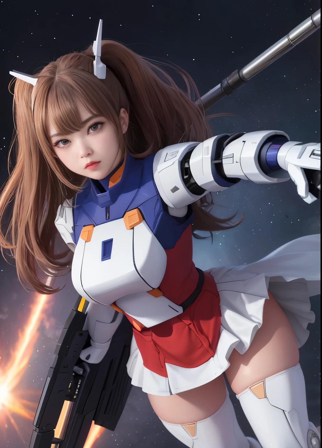 (highest quality)、masterpiece、High resolution、detailed、realism、Mobile Suit Gundam F91 personification、Great highlights on the upper body、Powerful Mech、girl、22 years old, 、Chibi Character、Flower Helmet、ponytail、Droopy eyes、Modest nose、Moisturized lips、Red cheeks、Rin々A funny expression、Round protruding chubby ass、Absolute area、Wet thighs、mini skirt、Spread your legs in an M shape、The genitals are visible、Standing pee、Very affectionate love relationship、Beam rifle、Space、Enemy battle scene、Be enchanted by amazing beauty、