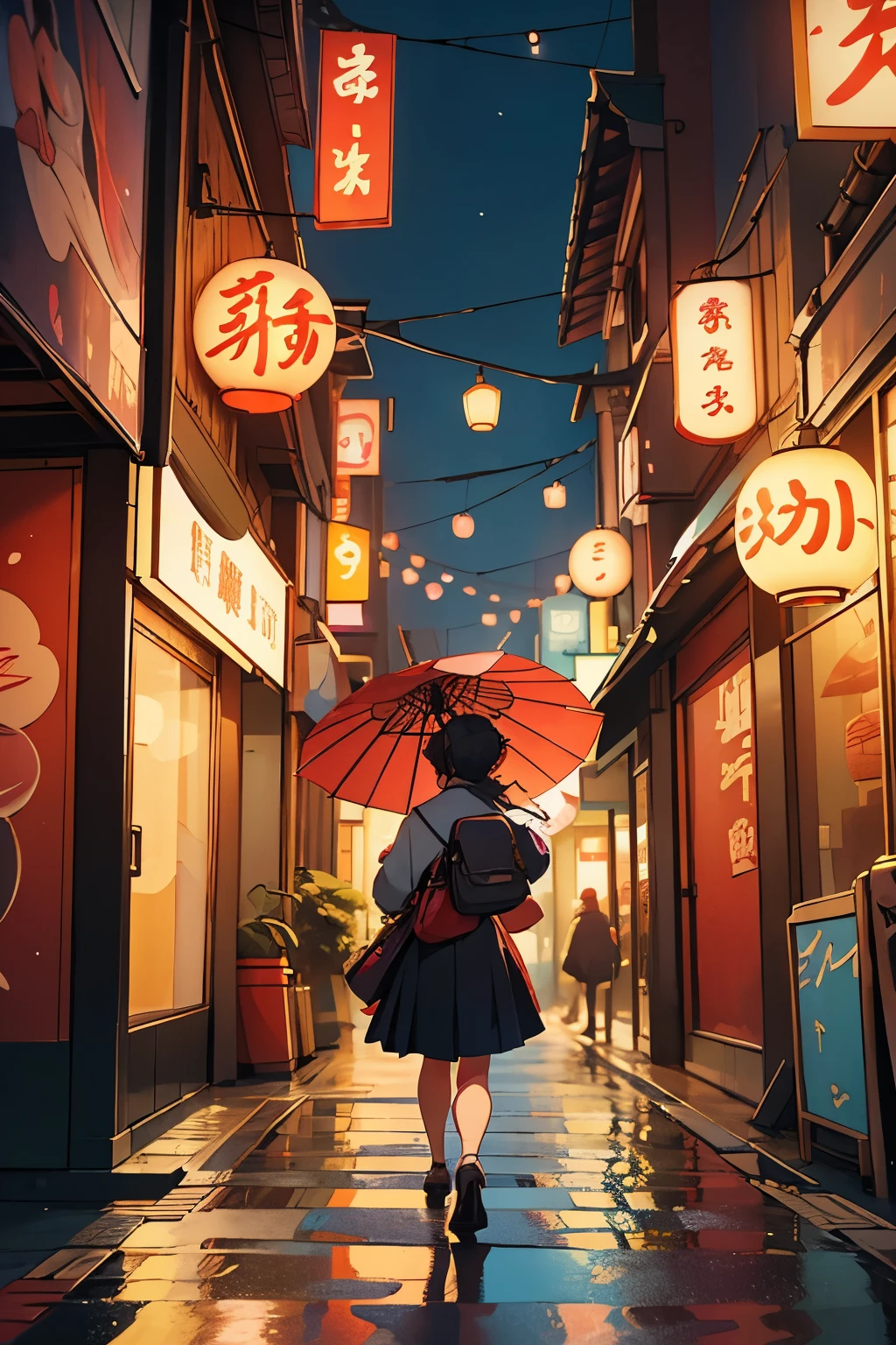 (best quality,4k,8k,highres,masterpiece:1.2),ultra-detailed,(realistic,photorealistic,photo-realistic:1.37),a girl walking down a street in tokyo,night scene,narrow alleyway,neon lights,lo-fi hip hop beats,city hustle and bustle,vibrant atmosphere,hazy atmosphere,laid-back vibe,Tokyo Tower in the background,falling cherry blossoms,cosplay stores,anime billboards,food stalls emitting delicious aromas,loneliness,reflection in puddles,dressed in a fashionable outfit,carrying a trendy backpack,listening to music on vintage headphones,street performers playing traditional instruments,street art murals covering the walls,bicycles passing by,umbrellas in various colors,steam rising from ramen shops,rooftop gardens with bonsai trees,zen gardens,temples peeking through the skyline,foggy ambiance,late-night convenience stores glowing warmly,paper lanterns illuminating the streets,Japanese symbols blending with Western influences,sakura-themed decorations,trendy cafes with outdoor seating,teahouses with sliding doors and tatami mats,blurry motion of passing cars,vertical signs with colorful kanji characters,nostalgic arcade games in dimly lit halls.