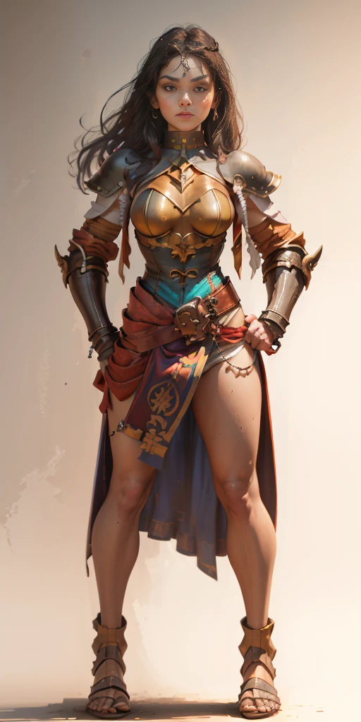 ((white background)) full body, whole body, 1solo (girl), slave fighter, loincloth standing, (hands on hips) slave fighter, loincloth standing, metal sandals, leather choker, big belt, view from below, looking to the viewer, feet together, bracers, tiara
