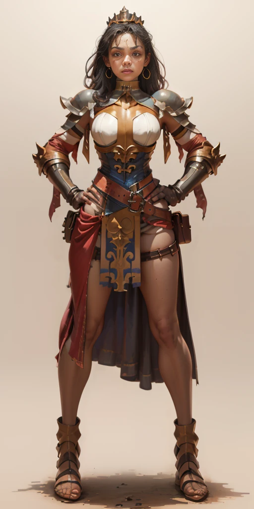  ((white background)) full body, whole body, 1solo (girl), slave fighter, loincloth standing, (hands on hips) slave fighter, loincloth standing, metal sandals, leather choker, big belt, view from below, looking to the viewer, feet together, bracers, tiara