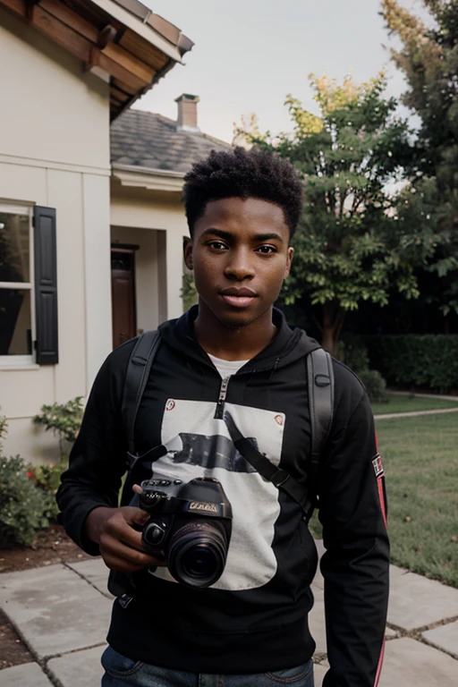 young, black male photographer holding a cannon dslr camera on a gimbal standing in front of a beautiful house for sale