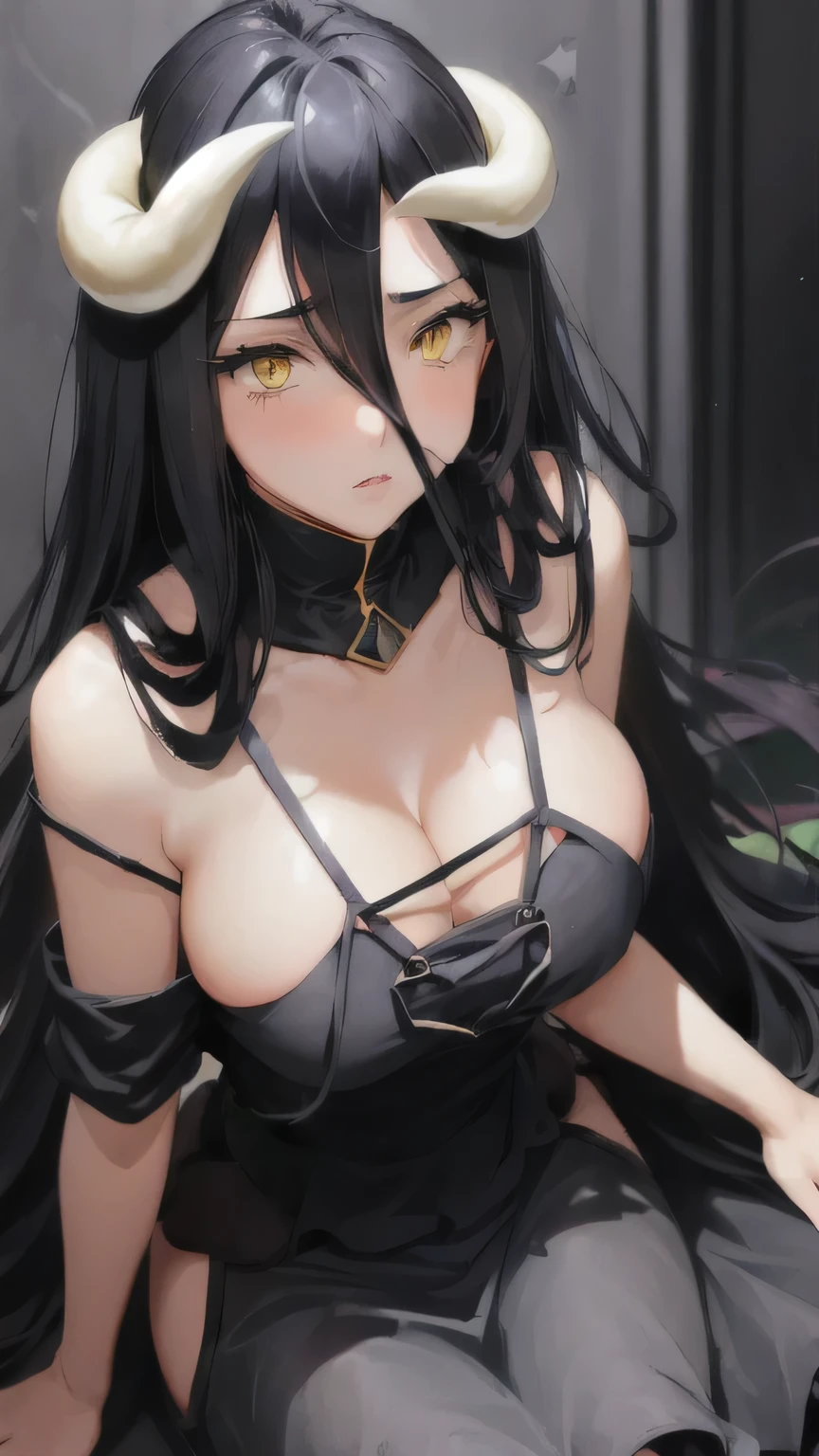 ((((Gorgeous black dress)))), One girl, horn, alone, Yellow Eyes, Black Hair, Long Hair, (Low Wing:1.2), , Cleavage, Exposing shoulders, Hair between the eyes, Medium chest, Sitting, Lips parted, blush, Black feathers fall, Audience Room,