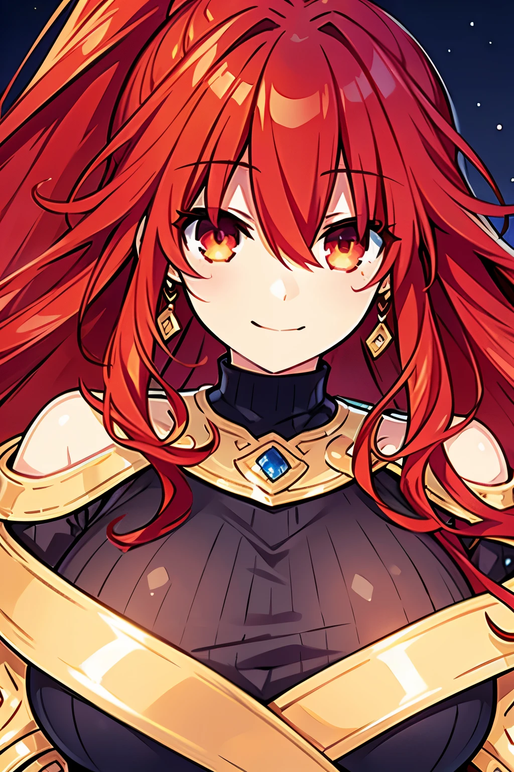 Masterpiece, best quality, 1girl, finely detailed, tall girl, red hair, wavy hair with a large ponytail, golden eyes, gentle expression, smiling clothes: aran sweater