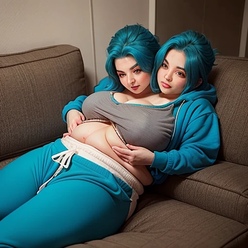 Beautiful two headed excessively fat Italian American girl with blue hair laying on her stomach and breasts in form fitting sweatpants and a hoodie. She’s embarrassed that she accidentally shit her pants.