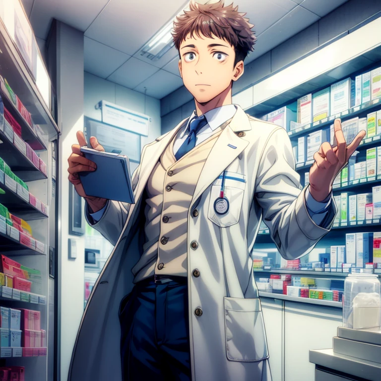 context, 25 years old. Energetic pharmacist, working in a pharmacy, Wearing white coat, Kaguran, clinical theme