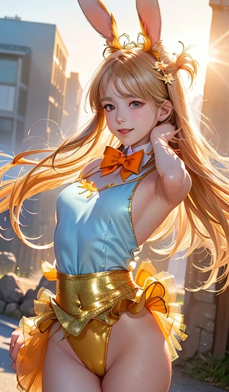 masterpiece, highest quality, Highly detailed CG Unity 8k wallpaper, (Closeup shot of the upper body head of a beautiful girl), , Elegant long straight blonde hair, (Mckenna Grace), (Flat Chest,Thighs), (Orange-blue) Golden (Sparkly Tutu,long rabbit ears headgear, , bow tie, No pants, Genitals are visible), (run away), (blush), Oilskin, (Captivating smile), (Wonderland), Pretty face, Key Art, Awards, intricate detail realism hdr, by (Luan Jia, Altgerm and Range Murata), Photorealism, Hyperrealism, Ultra-realistic, Dramatic Light, Strong Shadows, Nice views, Depth of written boundary