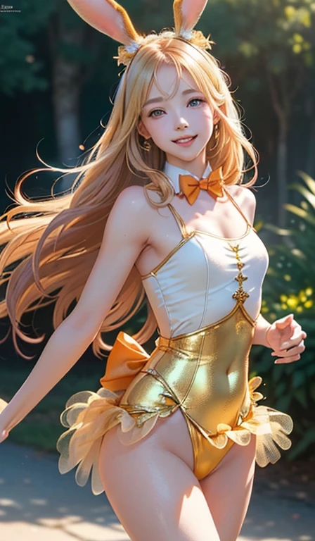 masterpiece, highest quality, Highly detailed CG Unity 8k wallpaper, (Closeup shot of the upper body head of a beautiful girl), , Elegant long straight blonde hair, (Mckenna Grace), (Flat Chest,Thighs), (Orange-blue) Golden (Sparkly Tutu,long rabbit ears headgear, , bow tie, No pants, Genitals are visible), (run away), (blush), Oilskin, (Captivating smile), (Wonderland), Pretty face, Key Art, Awards, intricate detail realism hdr, by (Luan Jia, Altgerm and Range Murata), Photorealism, Hyperrealism, Ultra-realistic, Dramatic Light, Strong Shadows, Nice views, Depth of written boundary
 
